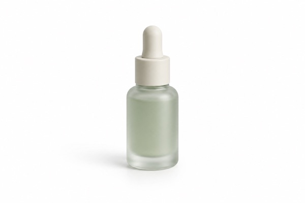 A softly illustrated sage skincare serum bottle.