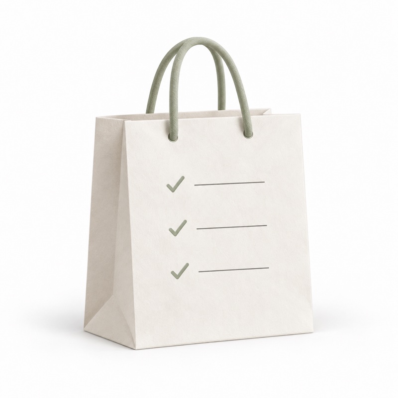 A simple ivory shopping bag with a small checklist on its front.