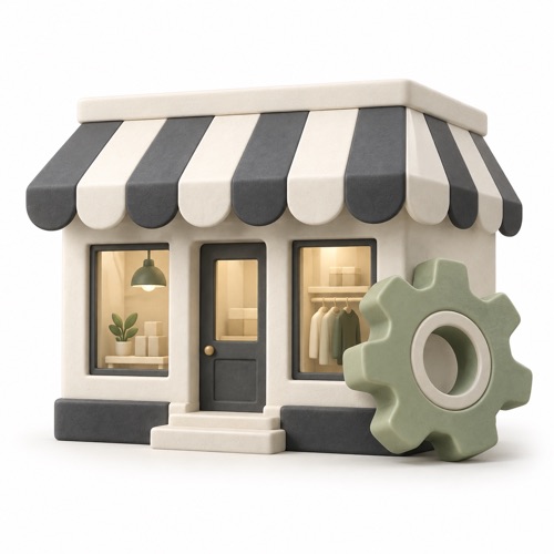 A storefront with a settings cog, representing setup for your shop.
